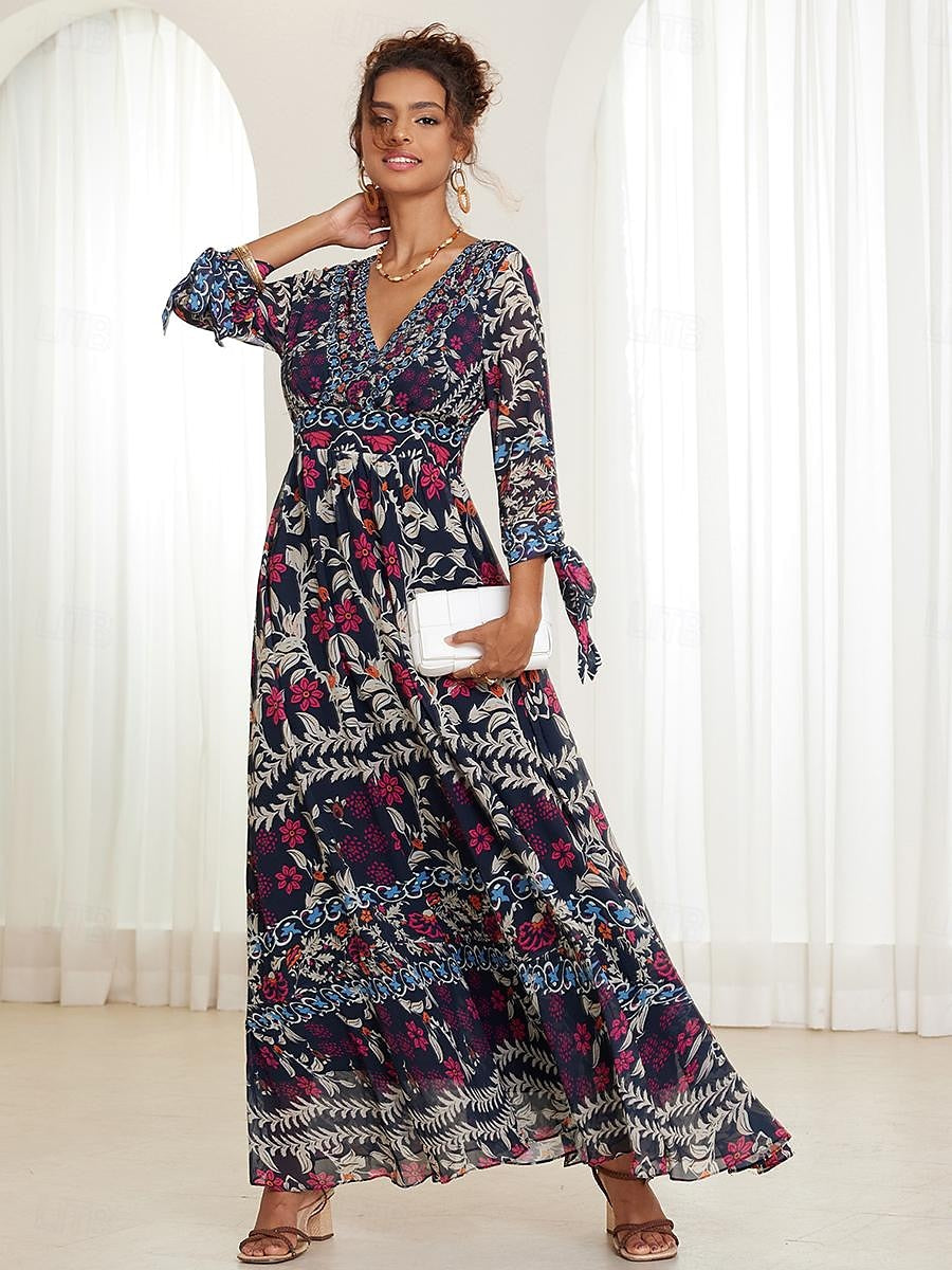 Women's Chiffon A Line Dress Floral Ruffle Bow V Neck Puff Sleeve Maxi Dress Boho Party Short Sleeve Summer