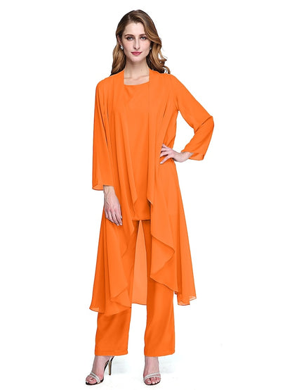Jumpsuit / Pantsuit Mother of the Bride Dress Plus Size Elegant Bateau Neck Floor Length Chiffon Sleeveless yes with Solid Color 2023 - LuckyFash™