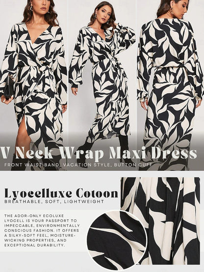 Leaf Floral Wrap Dress Tencel Midi Dress Black And White Print