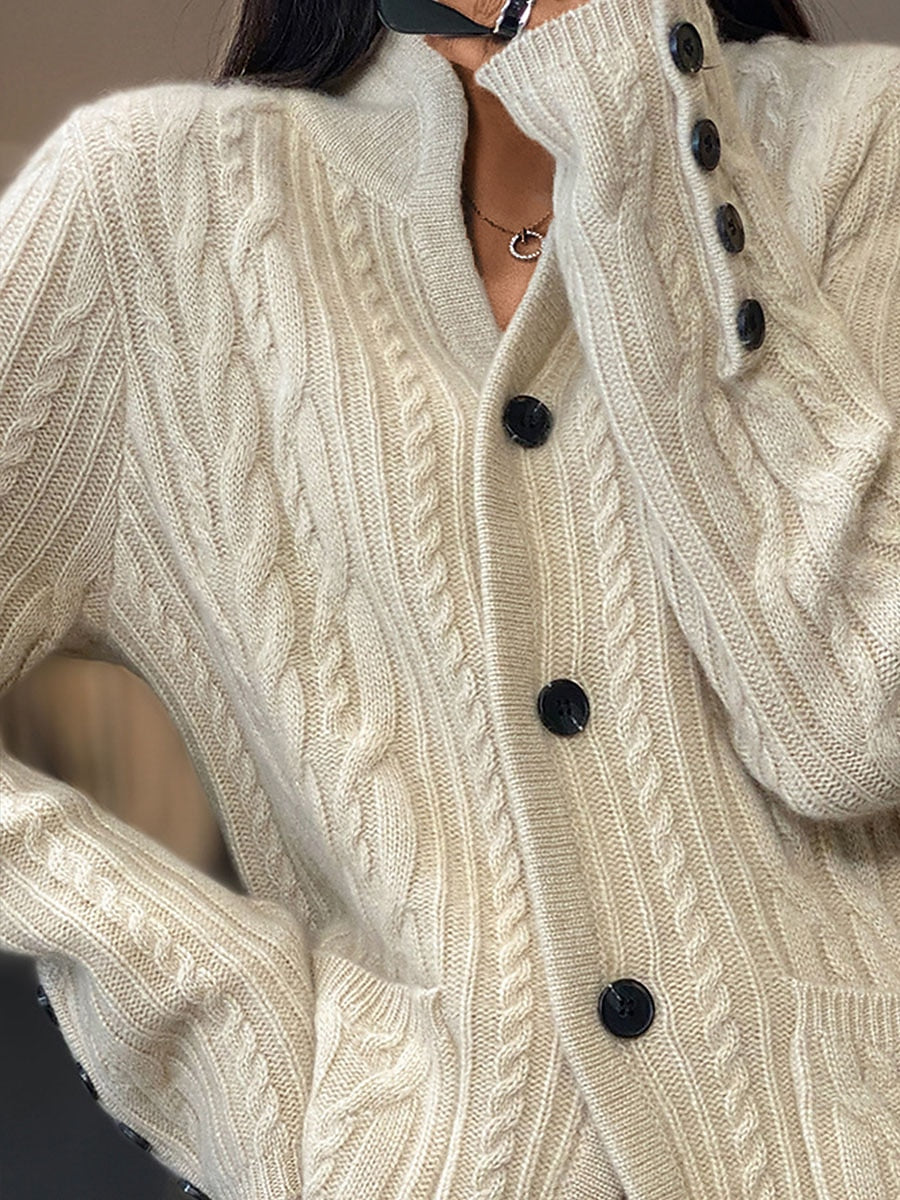 Women's Cardigan Sweater V Neck Cable Knit Polyester Button Pocket Fall Winter Short Daily Going out Weekend Stylish Casual Soft Long Sleeve Solid Color White Camel Brown S M L