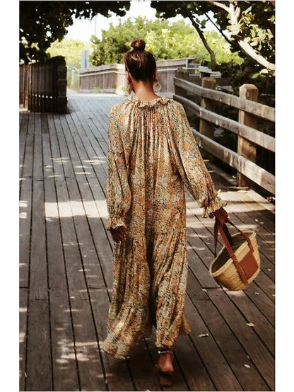 Women's Dress - Casual Dress Swing Dress Long Dress Maxi Dress Boho Dress Khaki Long Sleeve Floral Print Spring Summer Dress V Neck Dress Loose Fit S M L XL XXL 3XL