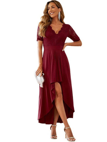 Long Lace Backless V-Neck High-Low Skirt Dress - Solid Color Simple Style