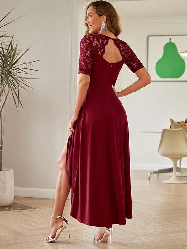Long Lace Backless V-Neck High-Low Skirt Dress - Solid Color Simple Style