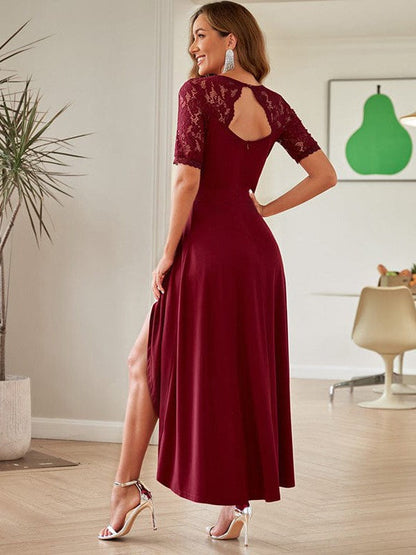 Long Lace Backless V-Neck High-Low Skirt Dress - Solid Color Simple Style