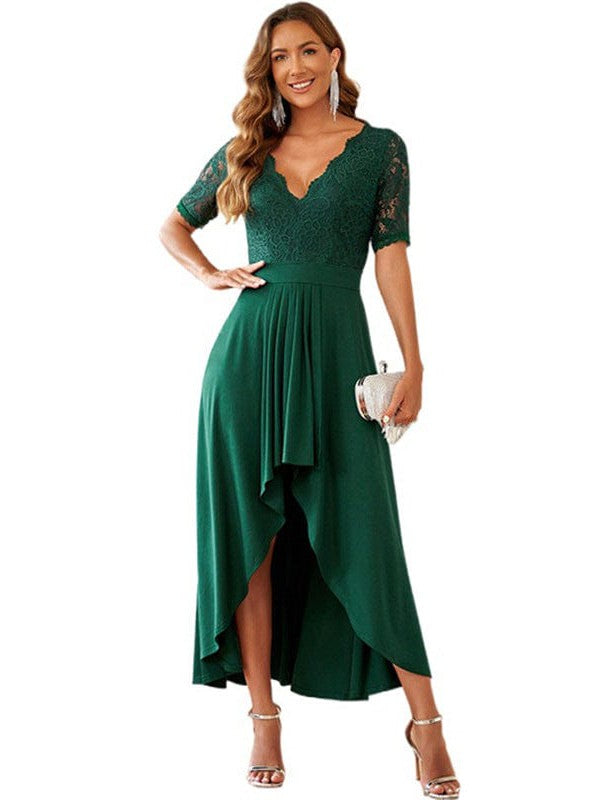Long Lace Backless V-Neck High-Low Skirt Dress - Solid Color Simple Style