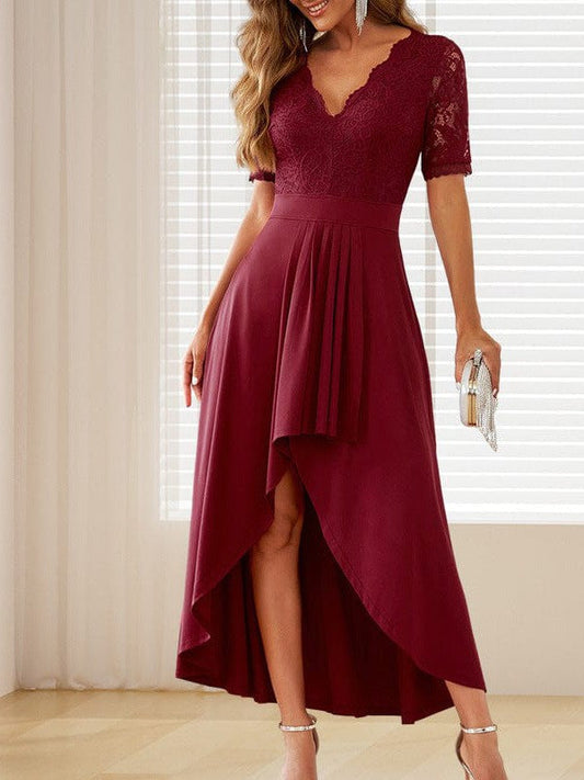 Long Lace Backless V-Neck High-Low Skirt Dress - Solid Color Simple Style