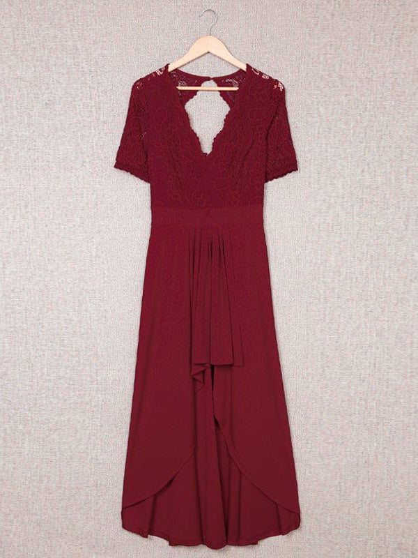 Long Lace Backless V-Neck High-Low Skirt Dress - Solid Color Simple Style