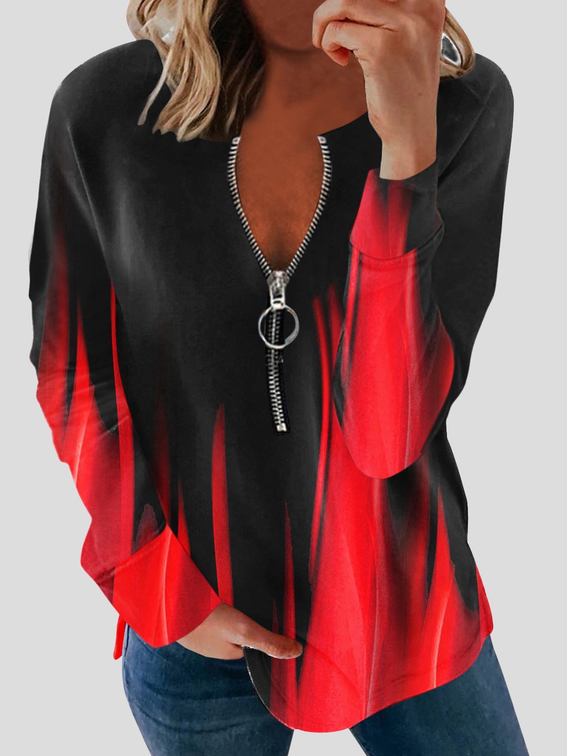 Long Sleeve Printed Zipper Casual Blouses