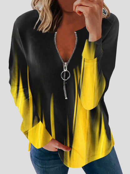 Blouses - Long Sleeve Printed Zipper Casual Blouses - MsDressly