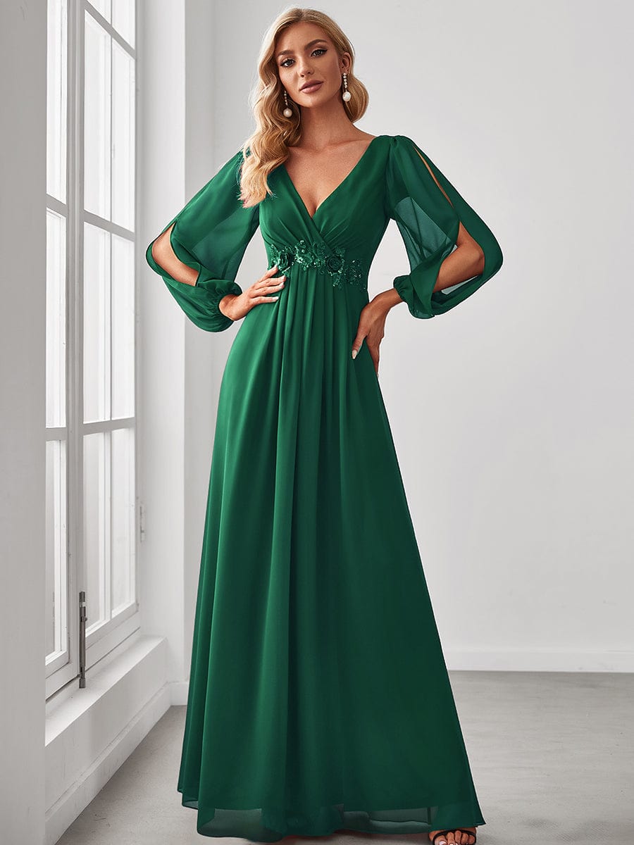 Long Sleeve V-Neck Applique Bridesmaid Gown