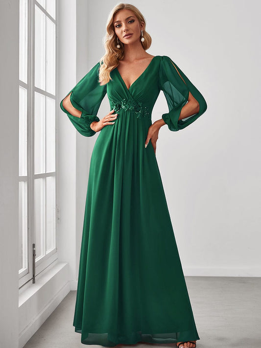 Long Sleeve V-Neck Applique Bridesmaid Gown
