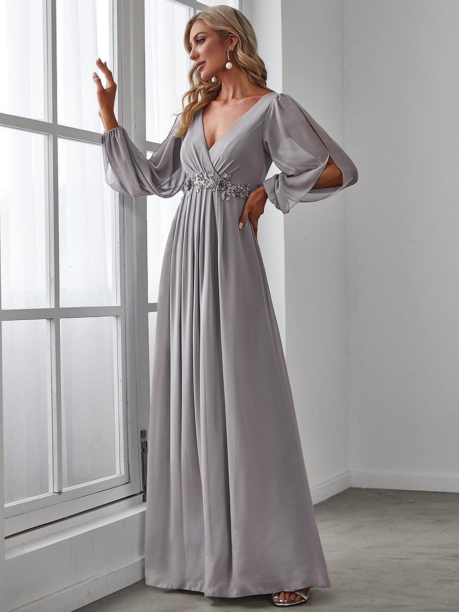 Long Sleeve V-Neck Applique Bridesmaid Gown