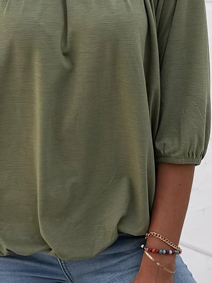 Loose 3/4 Sleeve Pleated Crew Neck T-Shirt