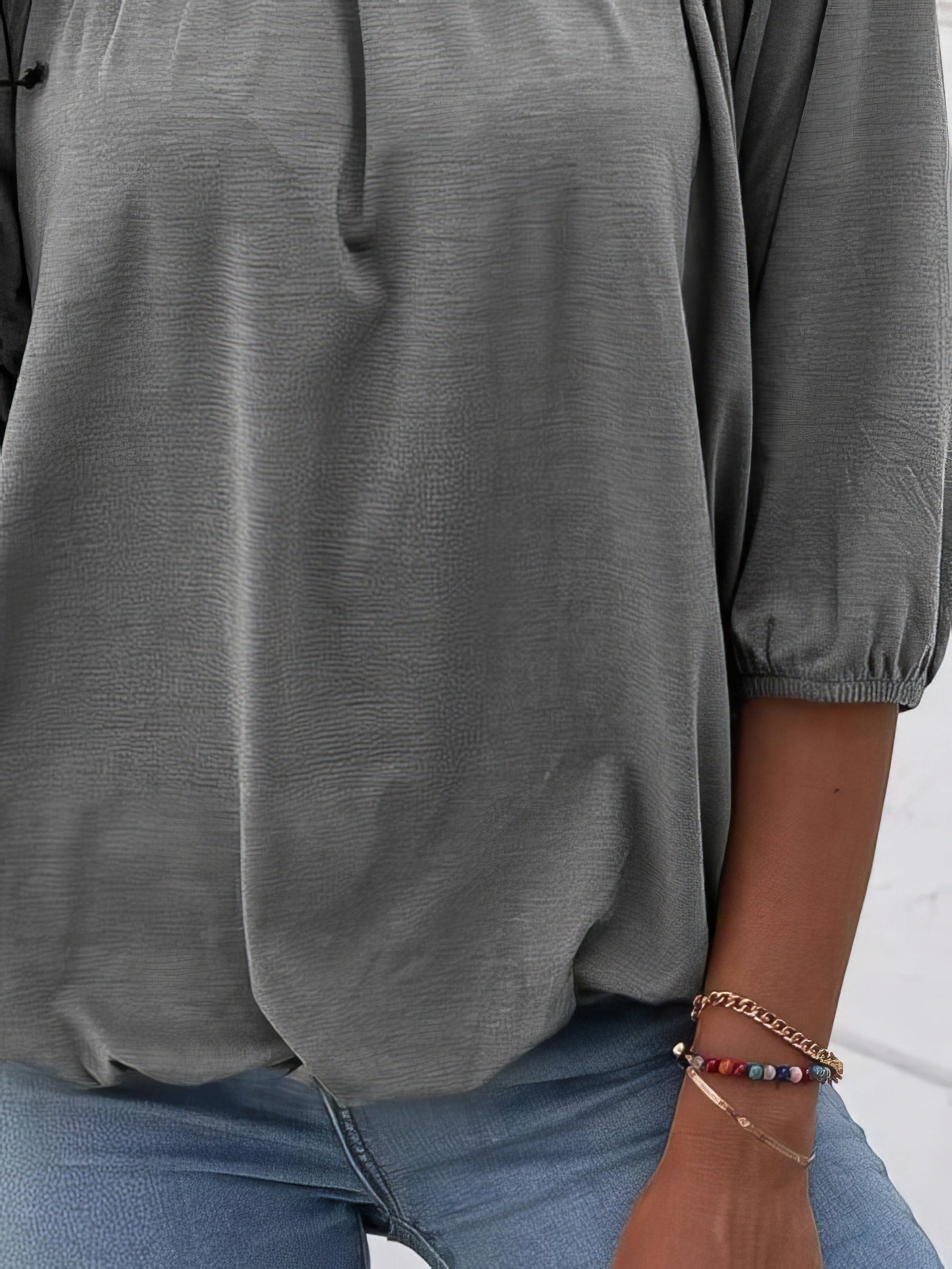 T-Shirts - Loose 3/4 Sleeve Pleated Crew Neck T-Shirt - MsDressly