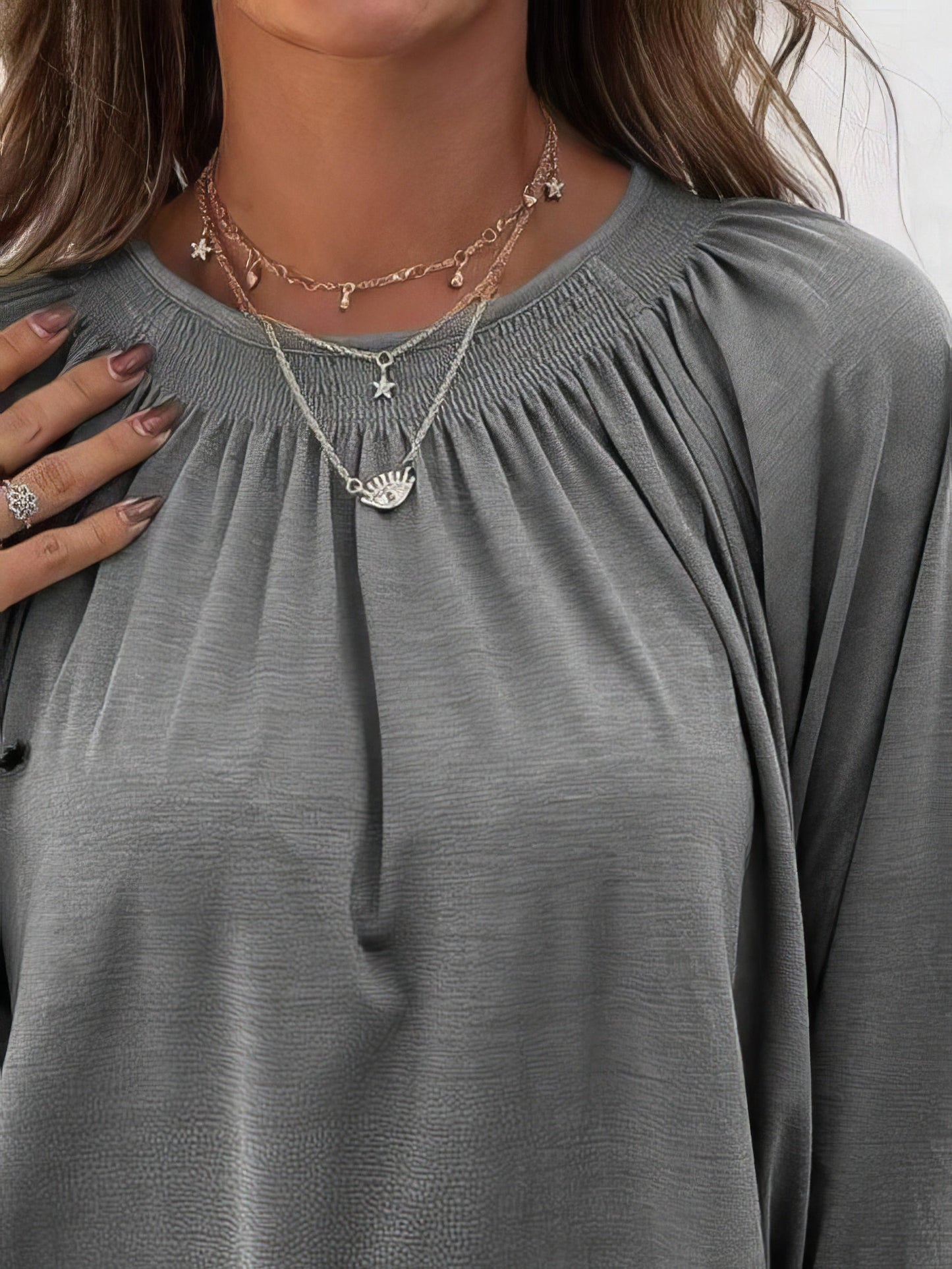 T-Shirts - Loose 3/4 Sleeve Pleated Crew Neck T-Shirt - MsDressly