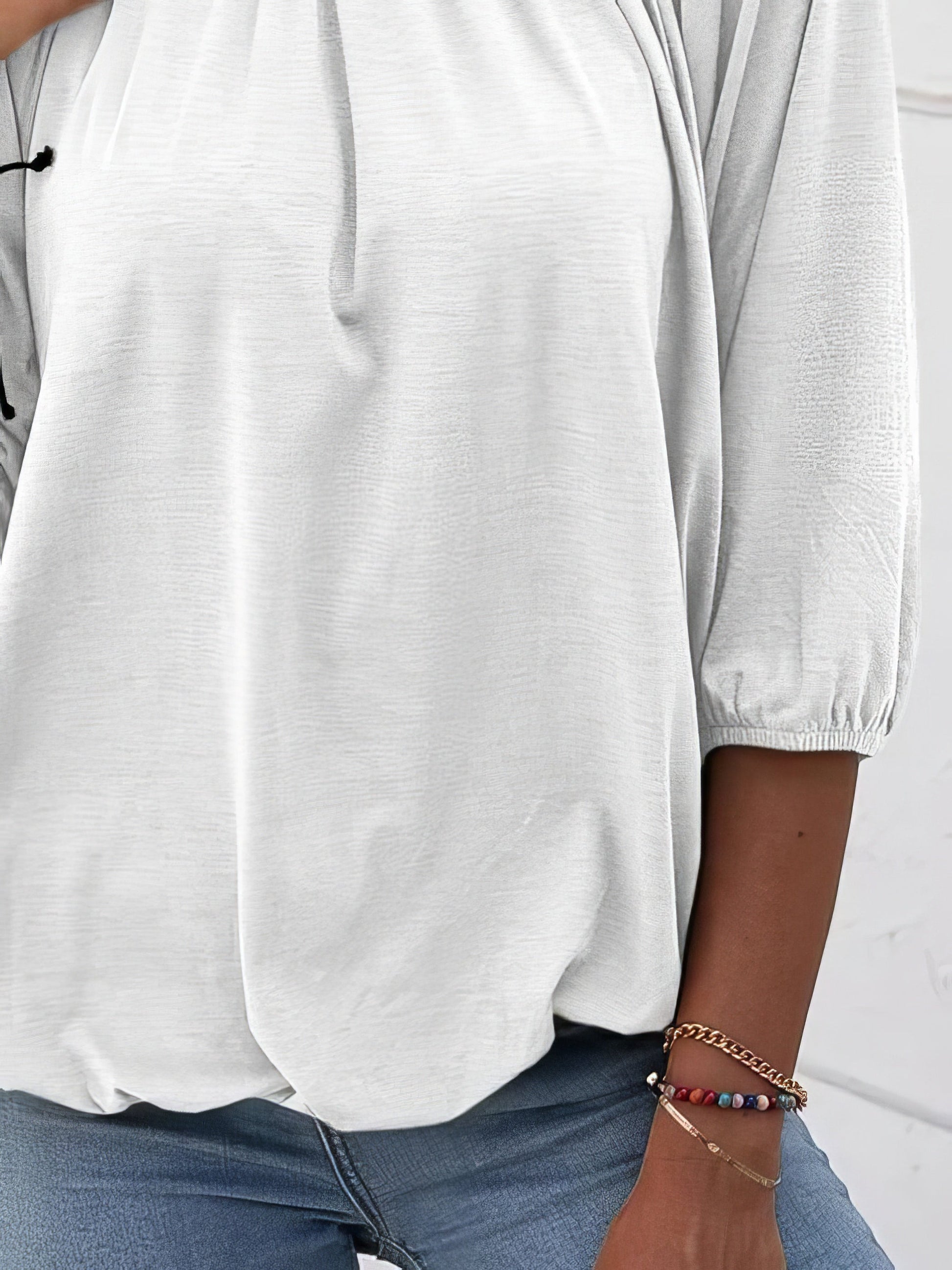 T-Shirts - Loose 3/4 Sleeve Pleated Crew Neck T-Shirt - MsDressly
