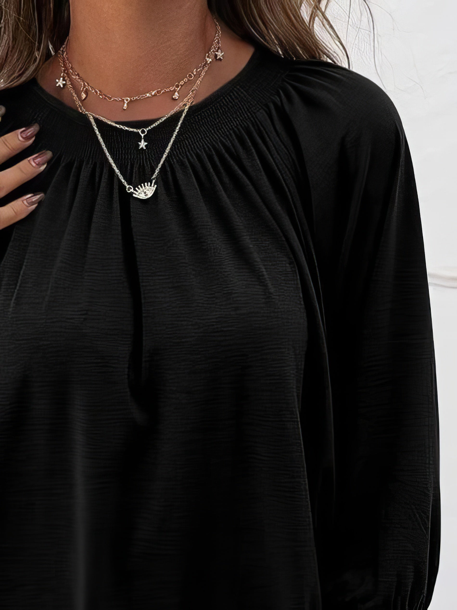 T-Shirts - Loose 3/4 Sleeve Pleated Crew Neck T-Shirt - MsDressly