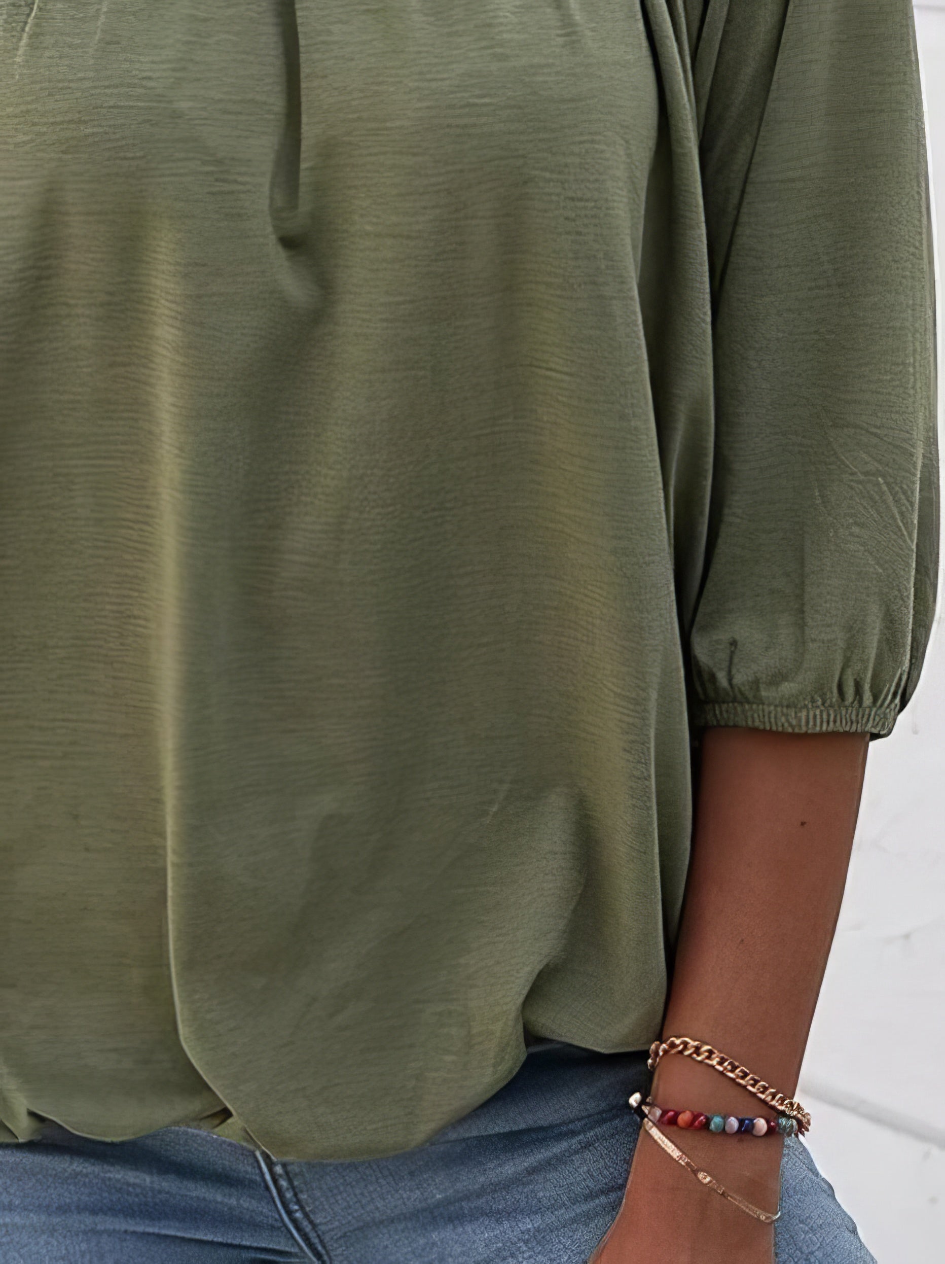 T-Shirts - Loose 3/4 Sleeve Pleated Crew Neck T-Shirt - MsDressly