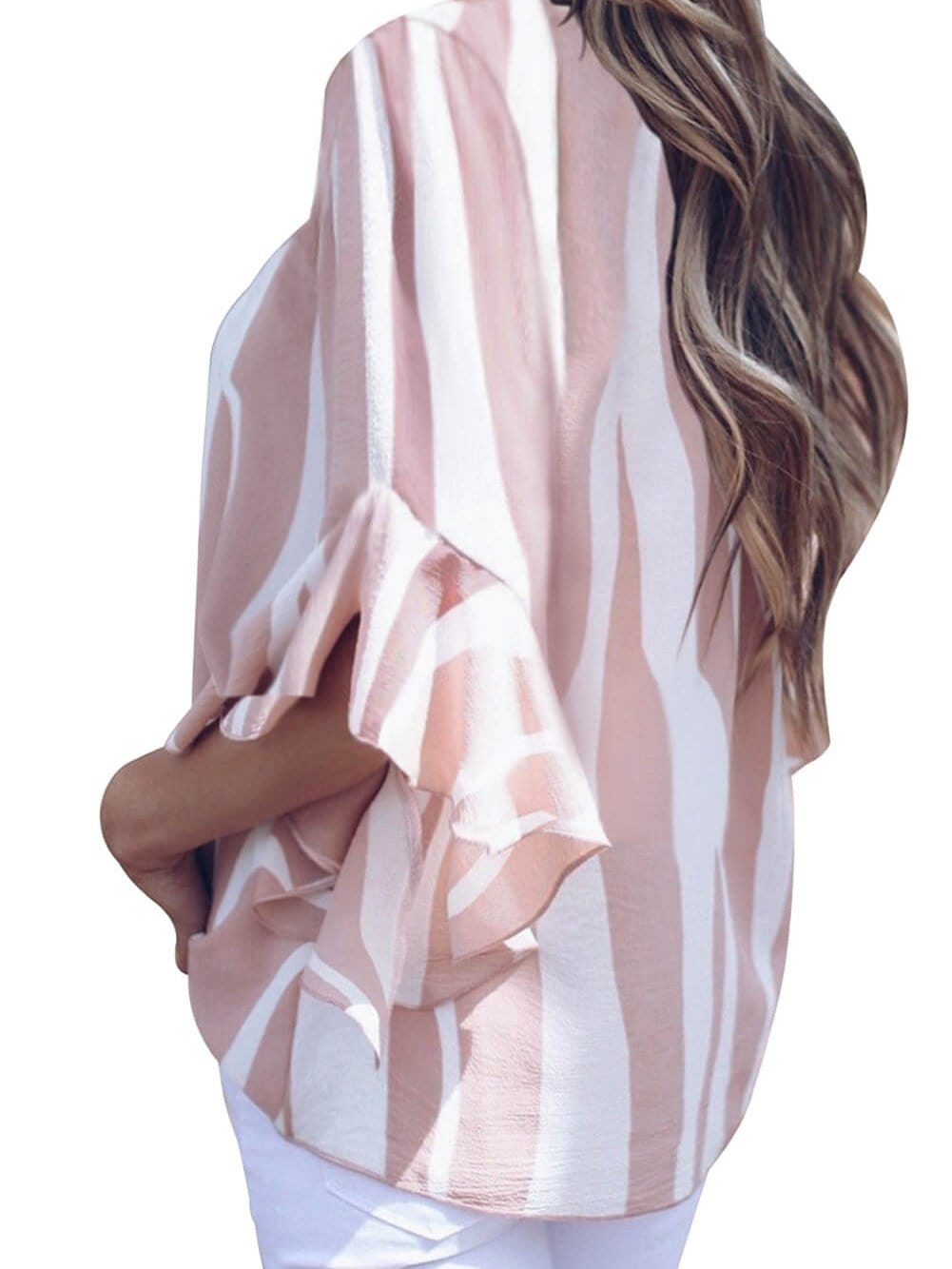 Loose Chiffon Off Shoulder Striped Front Tie 3/4 Sleeve Blouses