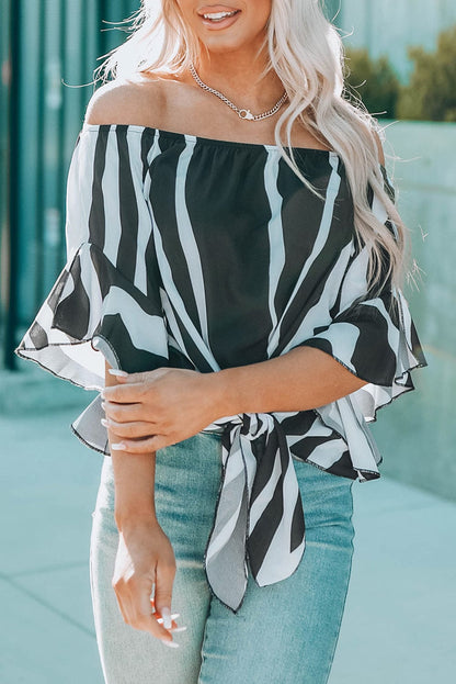 Loose Chiffon Off Shoulder Striped Front Tie 3/4 Sleeve Blouses