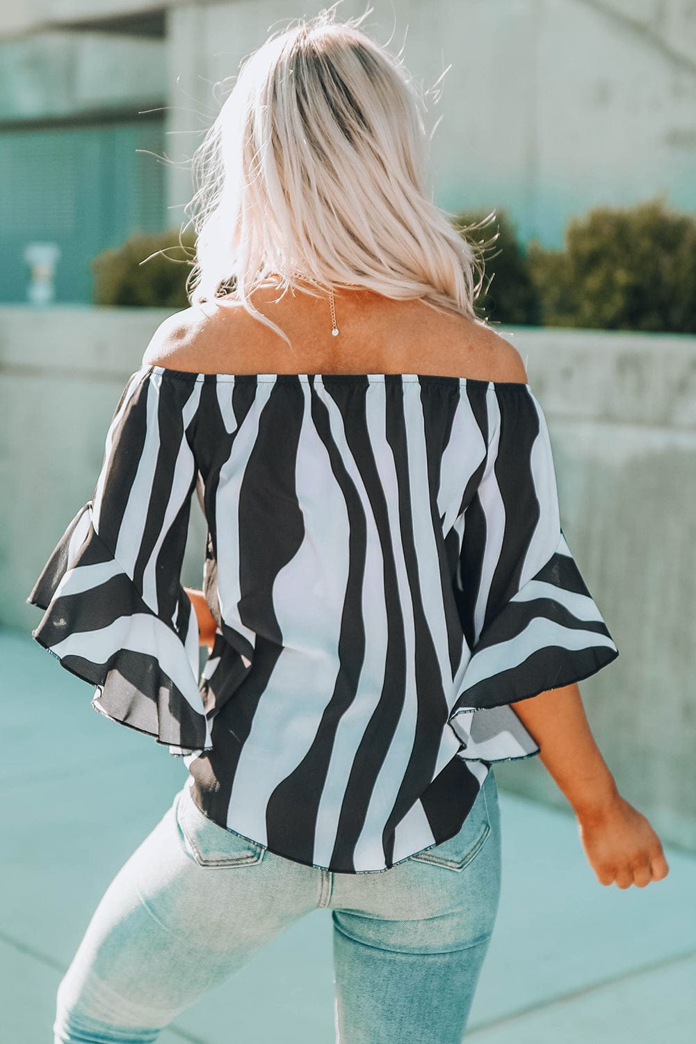Loose Chiffon Off Shoulder Striped Front Tie 3/4 Sleeve Blouses