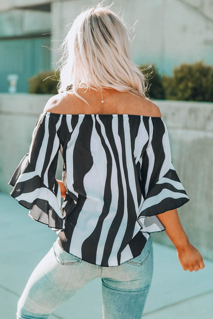 Loose Chiffon Off Shoulder Striped Front Tie 3/4 Sleeve Blouses