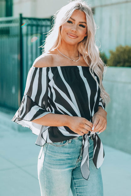 Loose Chiffon Off Shoulder Striped Front Tie 3/4 Sleeve Blouses