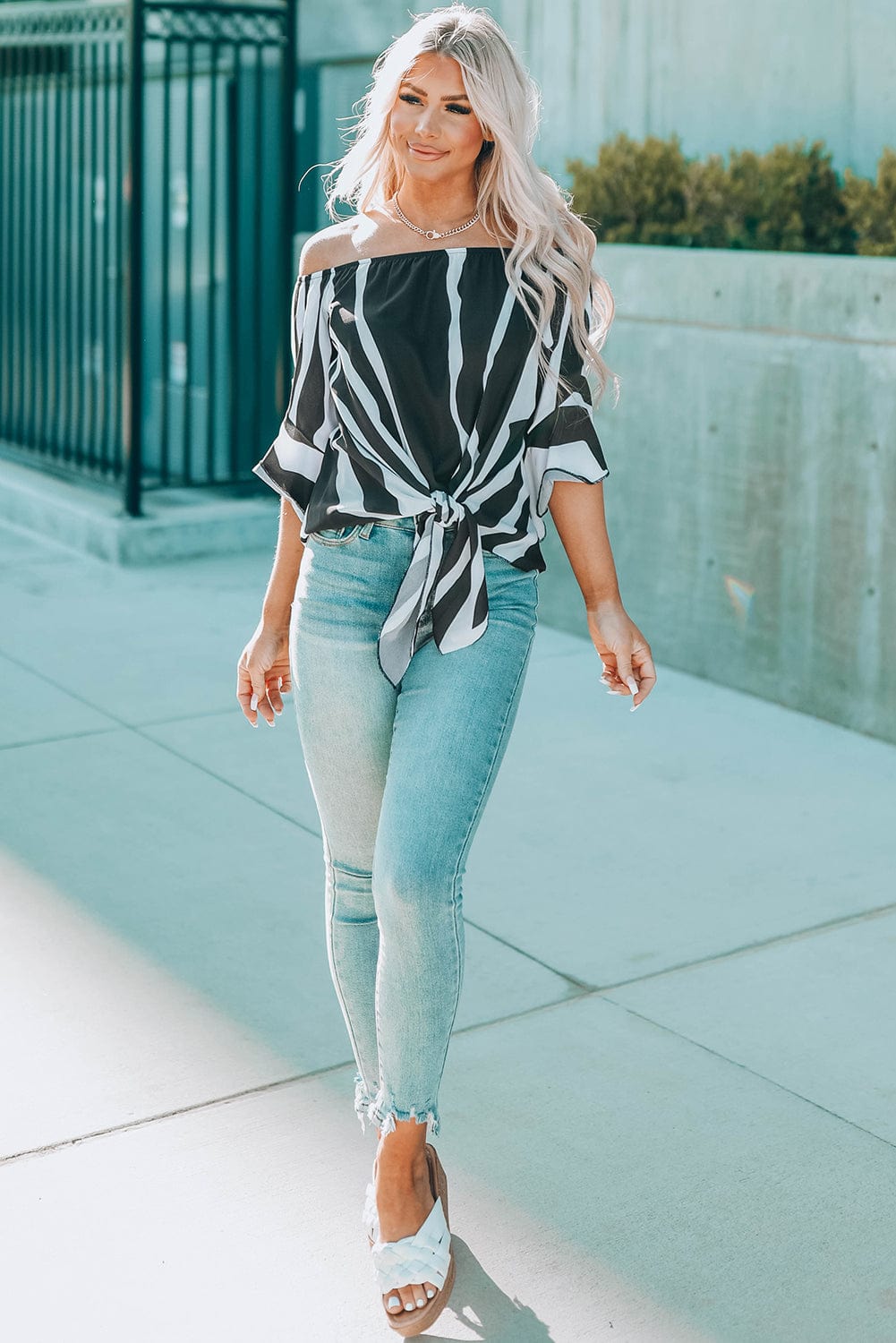 Loose Chiffon Off Shoulder Striped Front Tie 3/4 Sleeve Blouses