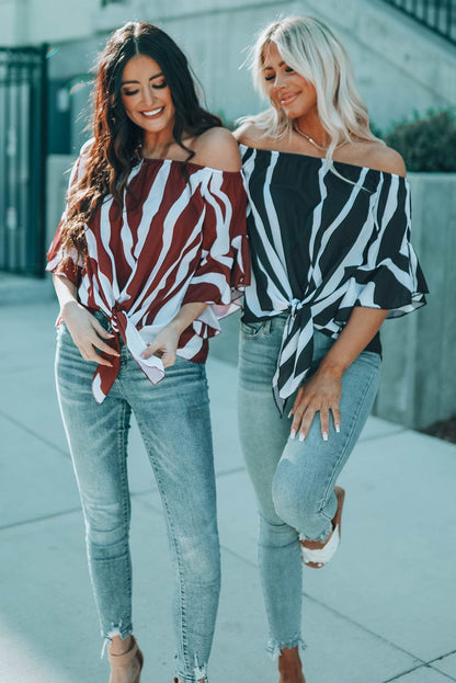Loose Chiffon Off Shoulder Striped Front Tie 3/4 Sleeve Blouses