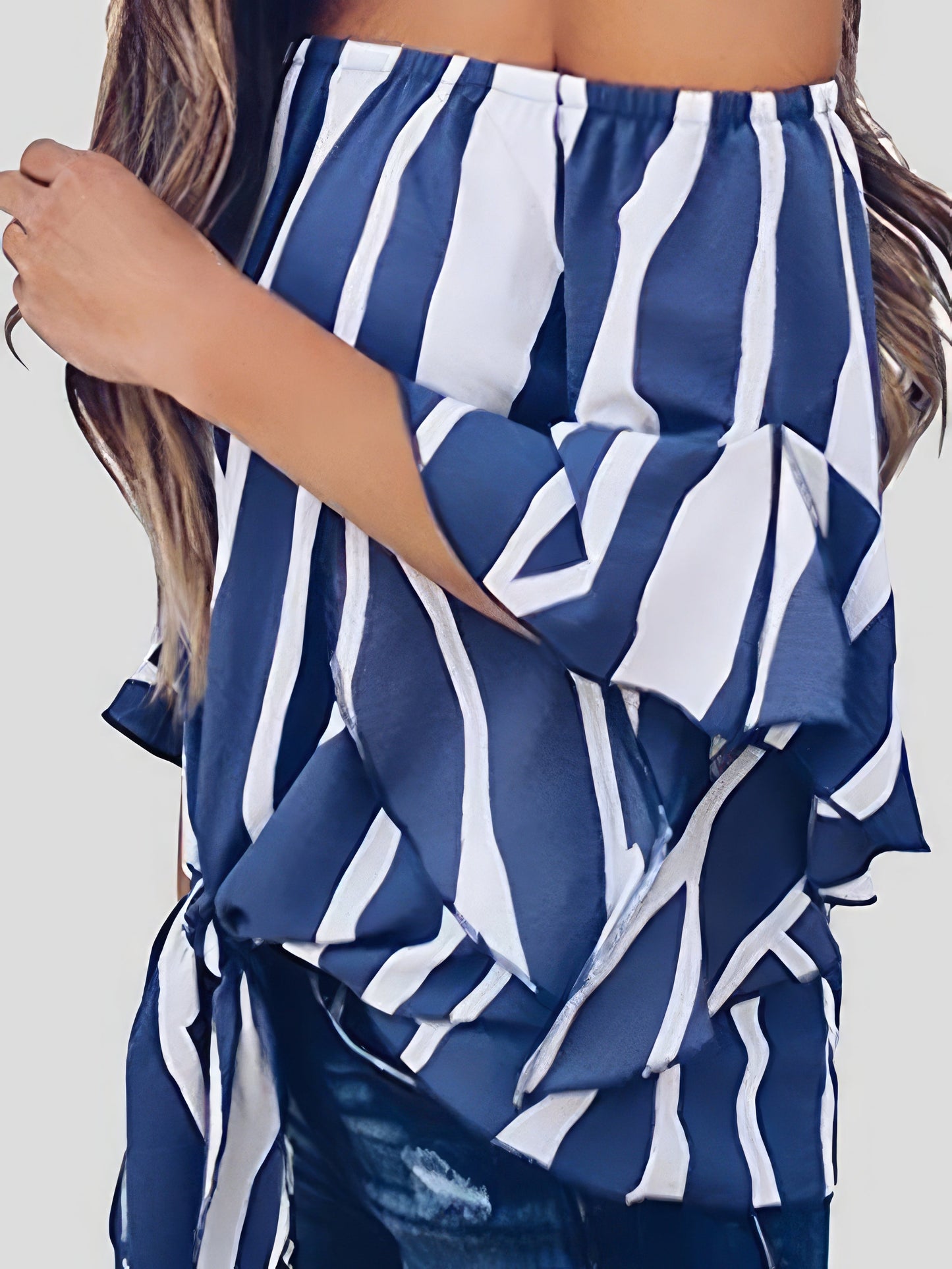 Blouses - Loose Chiffon Off Shoulder Striped Front Tie 3/4 Sleeve Blouses - MsDressly