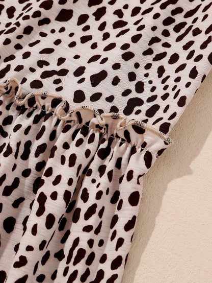 Loose Leopard Print V-neck Dress - Drop Shoulder- A-Line - Closed - Cape - Paneled