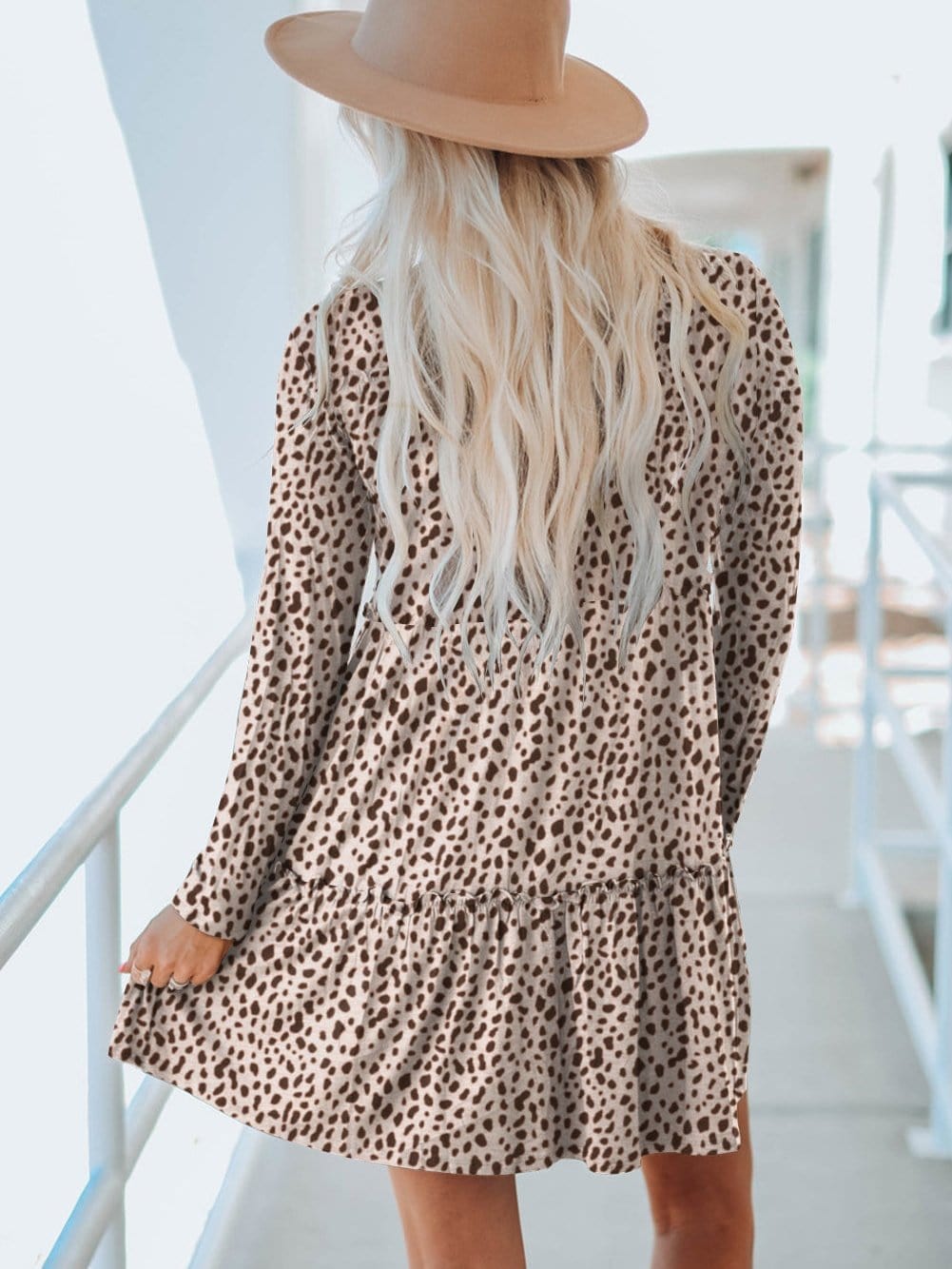 Loose Leopard Print V-neck Dress - Drop Shoulder- A-Line - Closed - Cape - Paneled