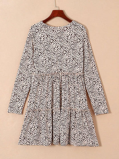 Loose Leopard Print V-neck Dress - Drop Shoulder- A-Line - Closed - Cape - Paneled