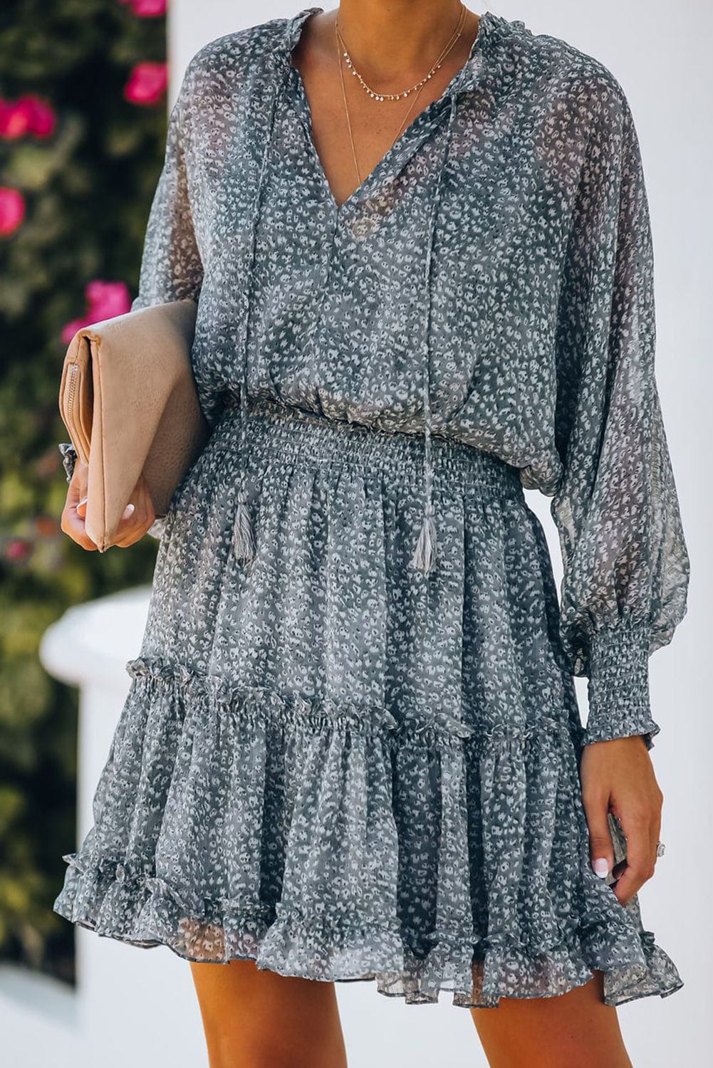 Loose Leopard Print V-neck Dress - Drop Shoulder- A-Line - Closed - Cape - Paneled