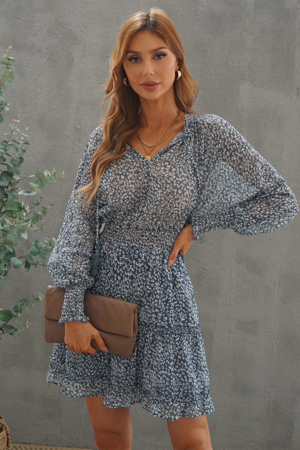 Loose Leopard Print V-neck Dress - Drop Shoulder- A-Line - Closed - Cape - Paneled