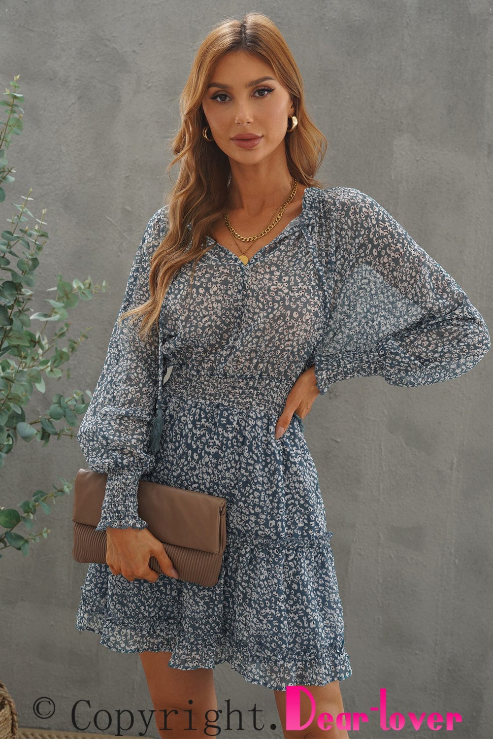 Loose Leopard Print V-neck Dress - Drop Shoulder- A-Line - Closed - Cape - Paneled