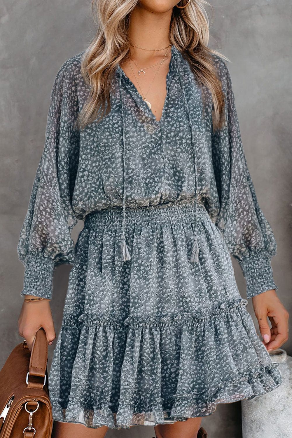 Loose Leopard Print V-neck Dress - Drop Shoulder- A-Line - Closed - Cape - Paneled