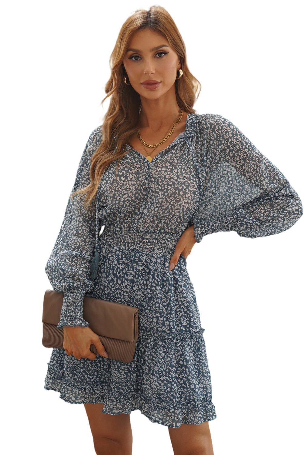 Loose Leopard Print V-neck Dress - Drop Shoulder- A-Line - Closed - Cape - Paneled