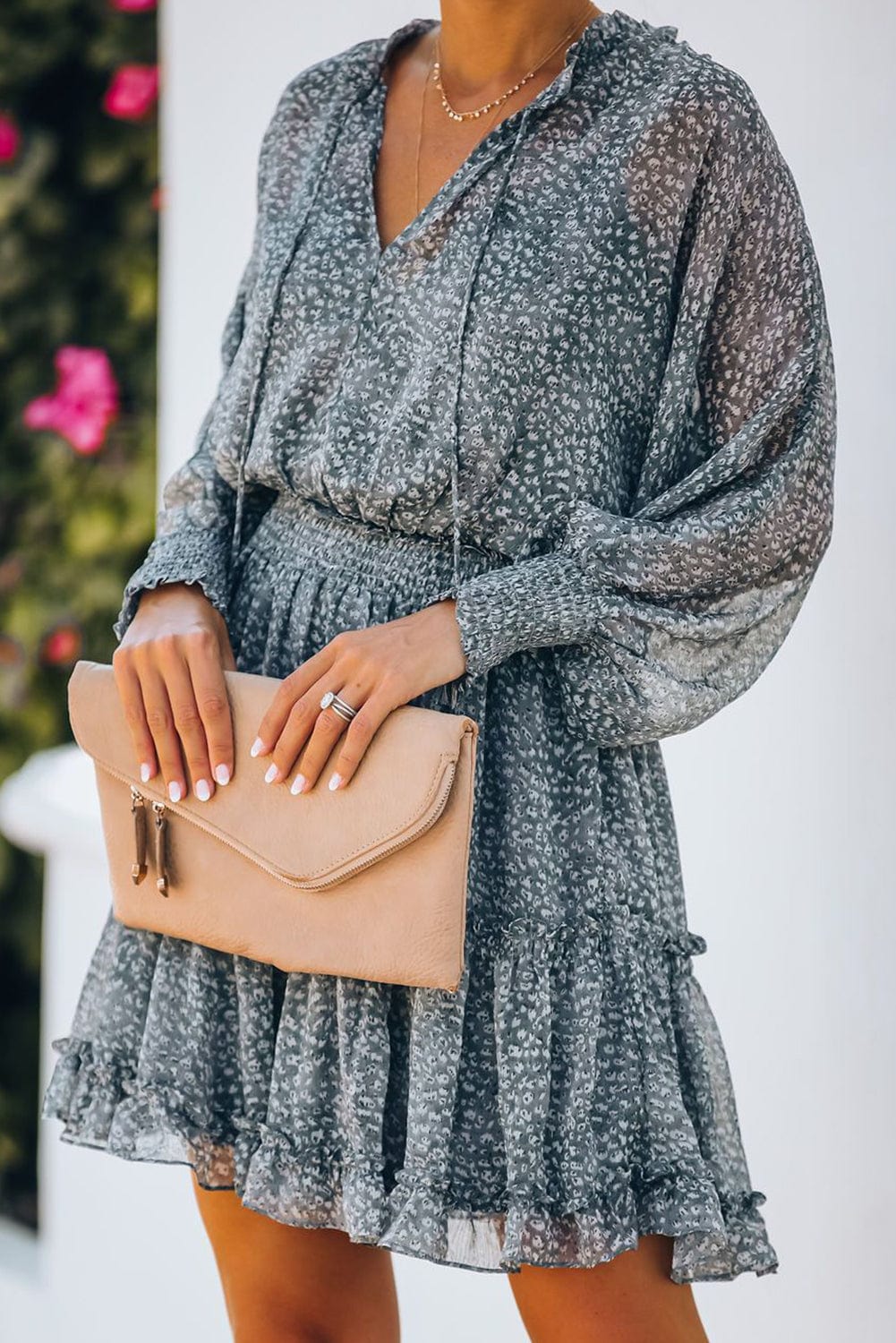 Loose Leopard Print V-neck Dress - Drop Shoulder- A-Line - Closed - Cape - Paneled