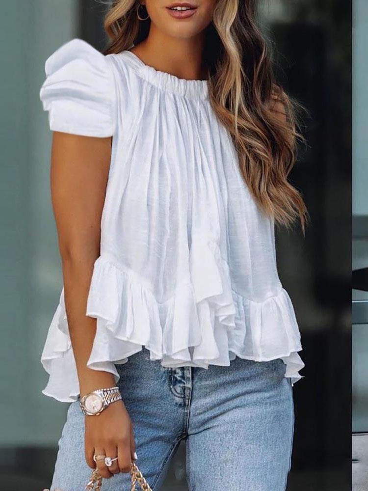 Blouses - Loose Short Sleeve Round Neck Ruffles Blouses - MsDressly