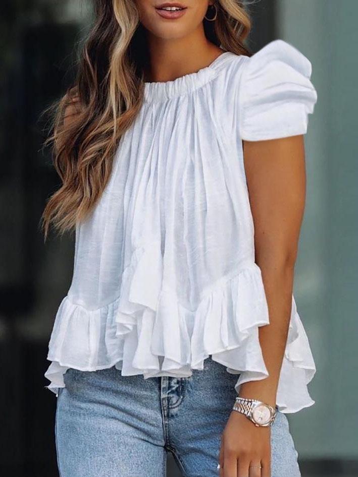Blouses - Loose Short Sleeve Round Neck Ruffles Blouses - MsDressly