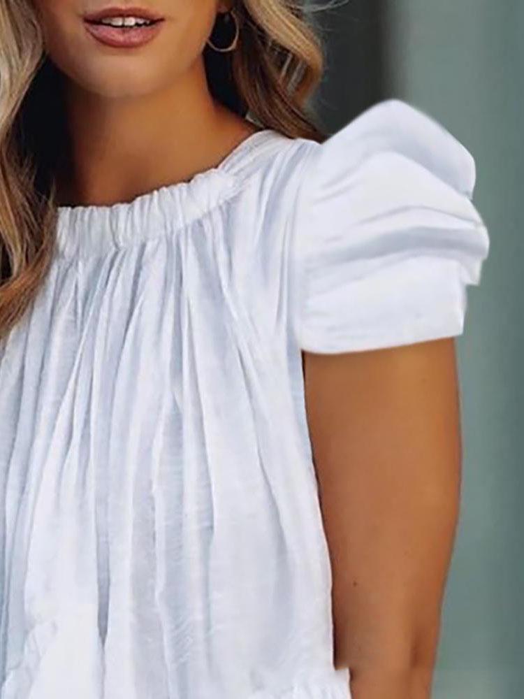 Blouses - Loose Short Sleeve Round Neck Ruffles Blouses - MsDressly
