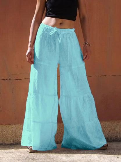 Pants - Loose Solid Elastic Waist Plus Size Wide Leg Pants - MsDressly
