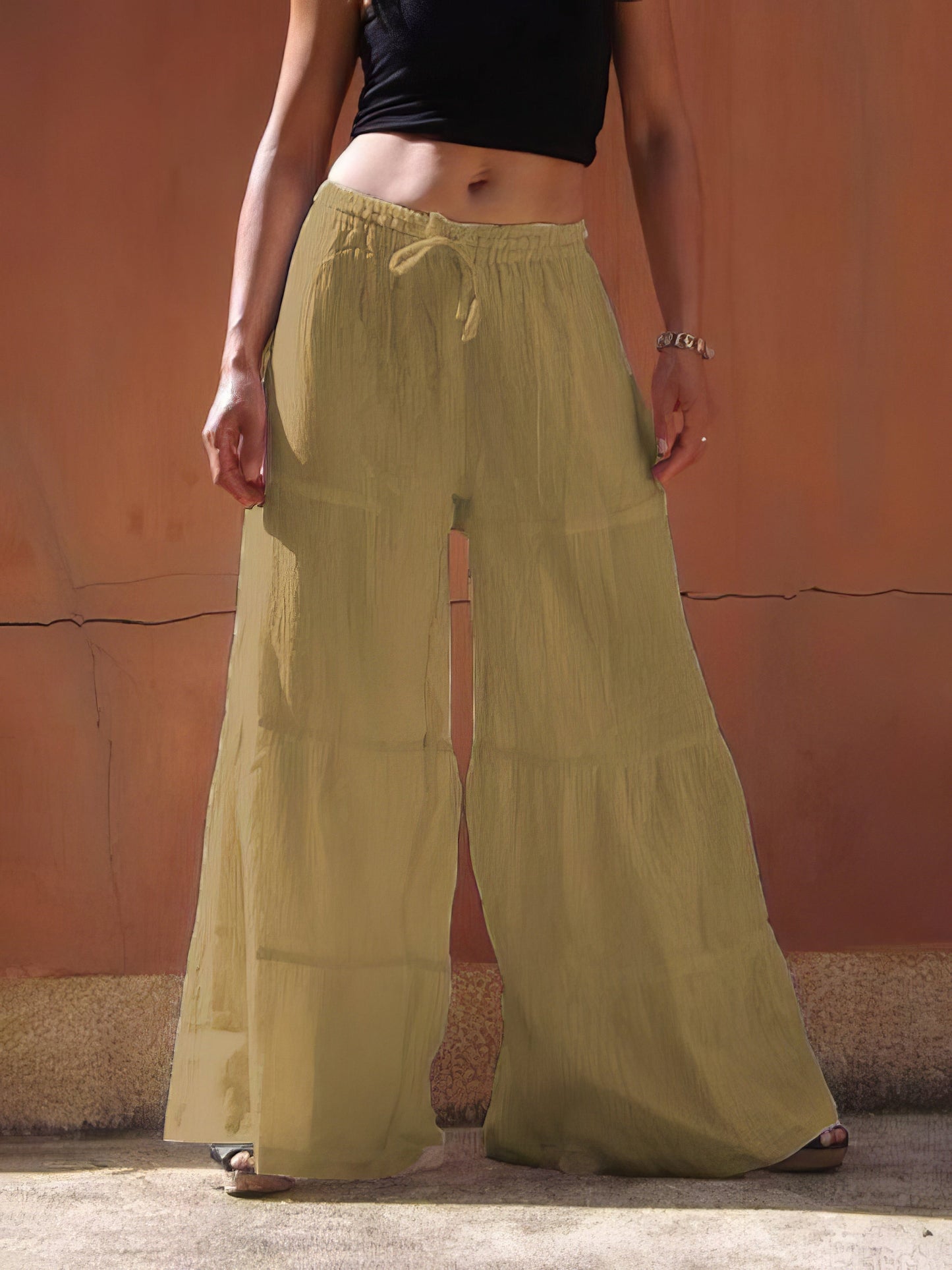 Pants - Loose Solid Elastic Waist Plus Size Wide Leg Pants - MsDressly