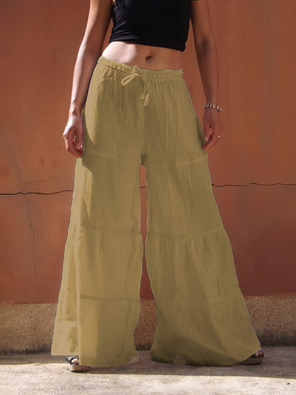 Pants - Loose Solid Elastic Waist Plus Size Wide Leg Pants - MsDressly
