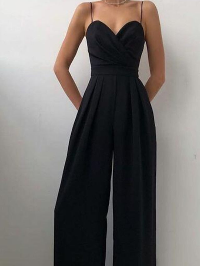 Jumpsuits for Women Sexy Party Elegant Wedding Holiday V Neck Strap 2023 Green White Black Solid Color Layered Zipper Patchwork / Wide Leg - LuckyFash™