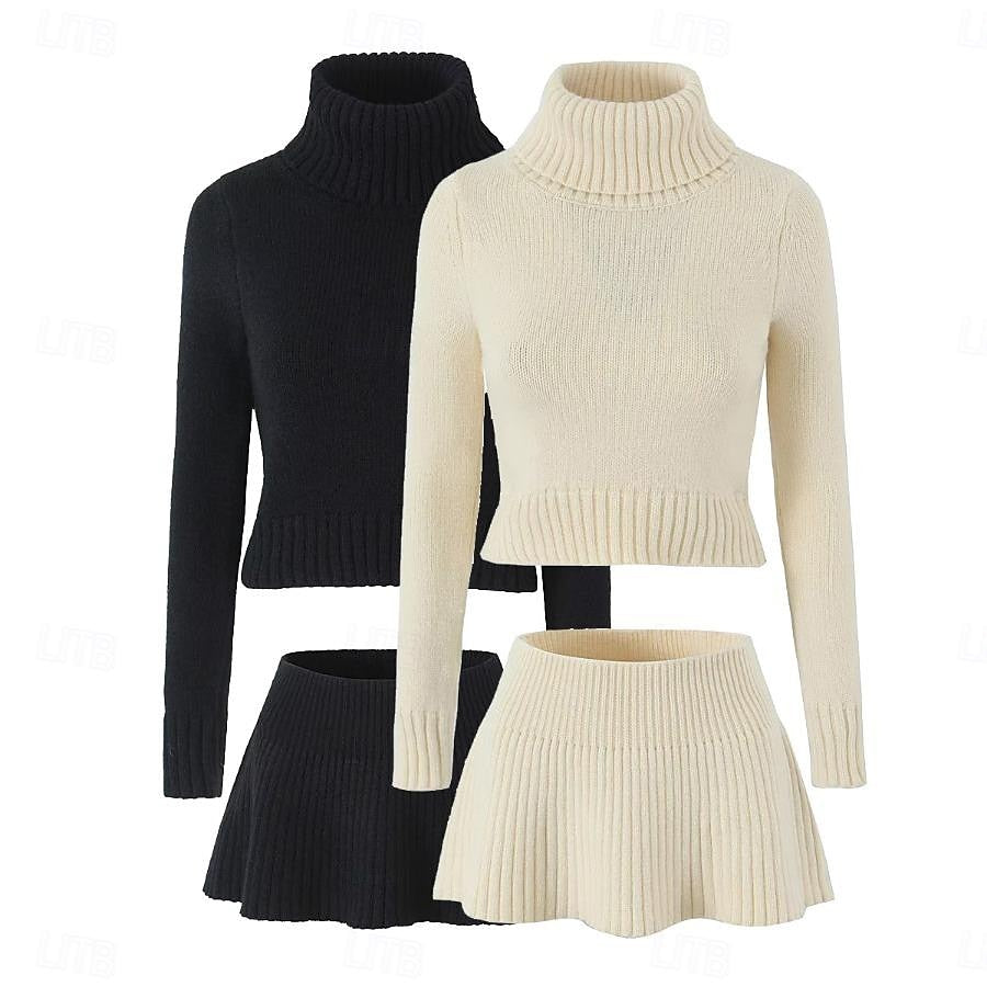 Set with Cropped Turtleneck Sweater Knitted Mini Skirt 2 PCS Sexy Cute Y2K Casual Daily Outfits