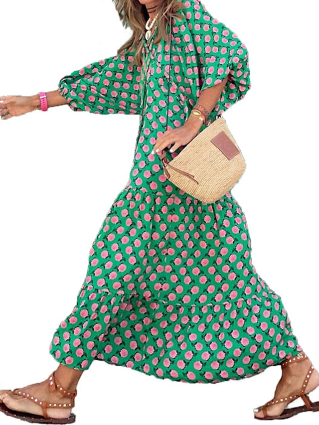 Women's Dress - Casual Dress Swing Dress Long Dress Maxi Dress Wine Blue Dark Green 3/4 Length Sleeve Floral Print Summer Spring Fall V Neck Fashion Vacation Fall Dress Summer Dress Regular Fit 2023 S M L XL