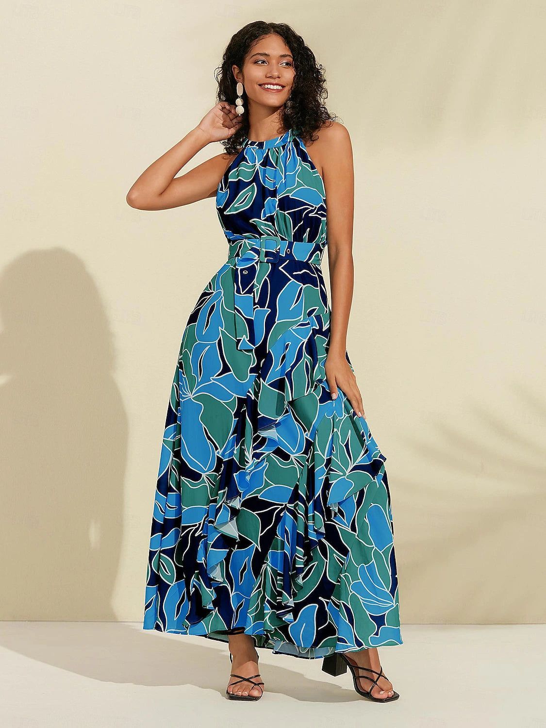 Floral Ruffle Chiffon Maxi Dress(Belt Included）
