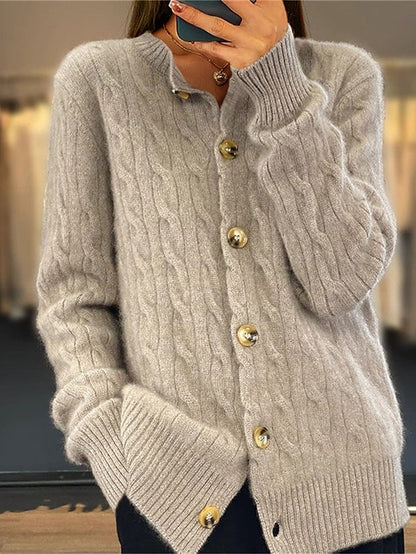 Women's Cardigan Crew Neck Cable Knit Acrylic Button Knitted Fall Winter Regular Outdoor Daily Going out Fashion Streetwear Casual Long Sleeve Solid Color White Pink Camel S M L